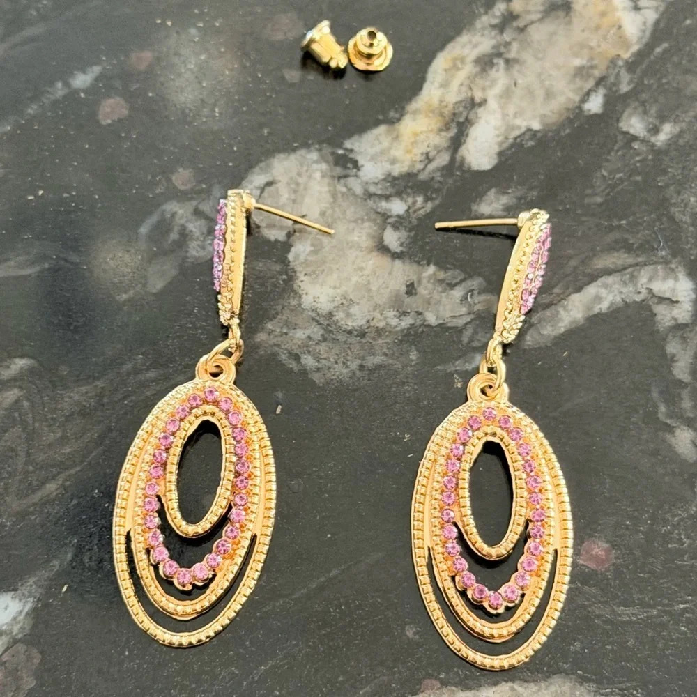 Gold Tone Oval Drop Earrings Purple Crystal | Statement Evening Jewelry
